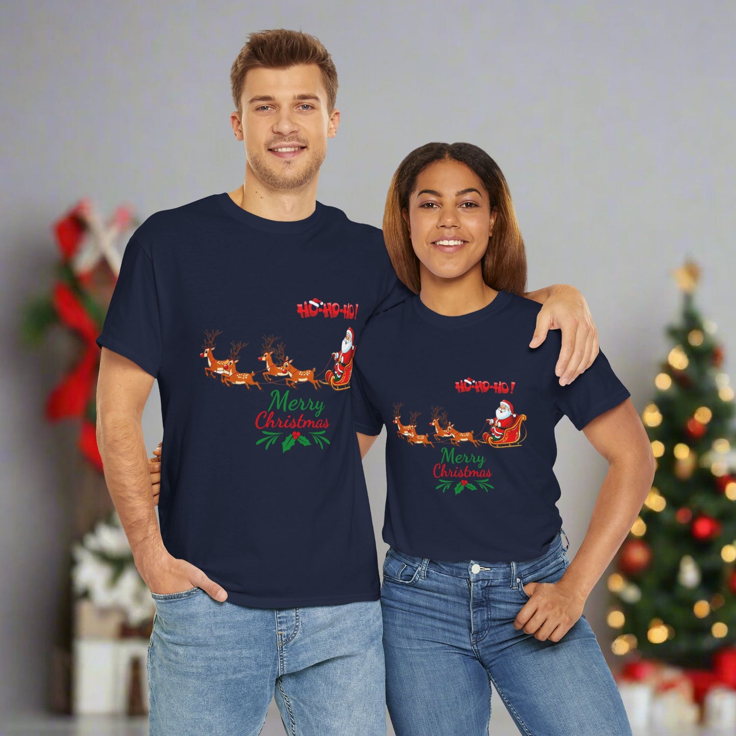 Santa and His Reindeer (Merry Christmas) Unisex Heavy Cotton T-Shirt