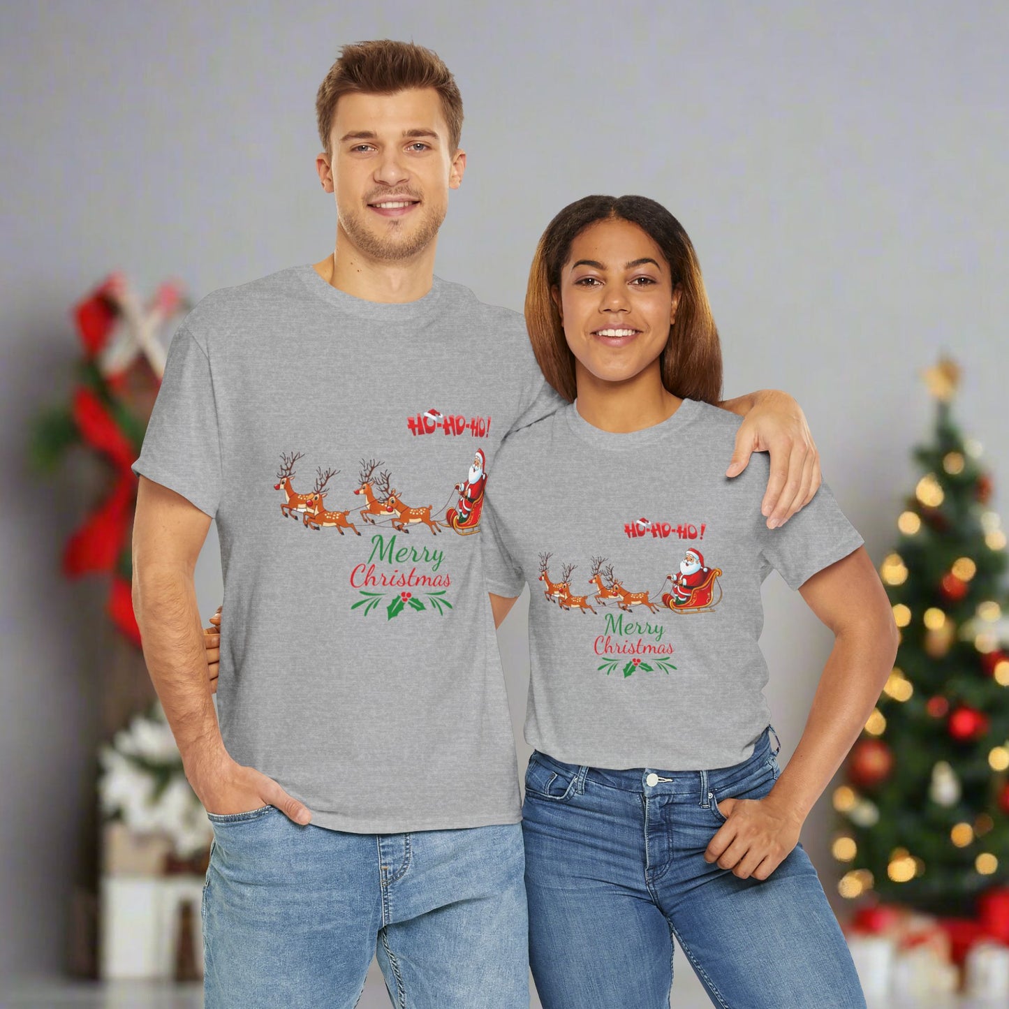 Santa and His Reindeer (Merry Christmas) Unisex Heavy Cotton T-Shirt