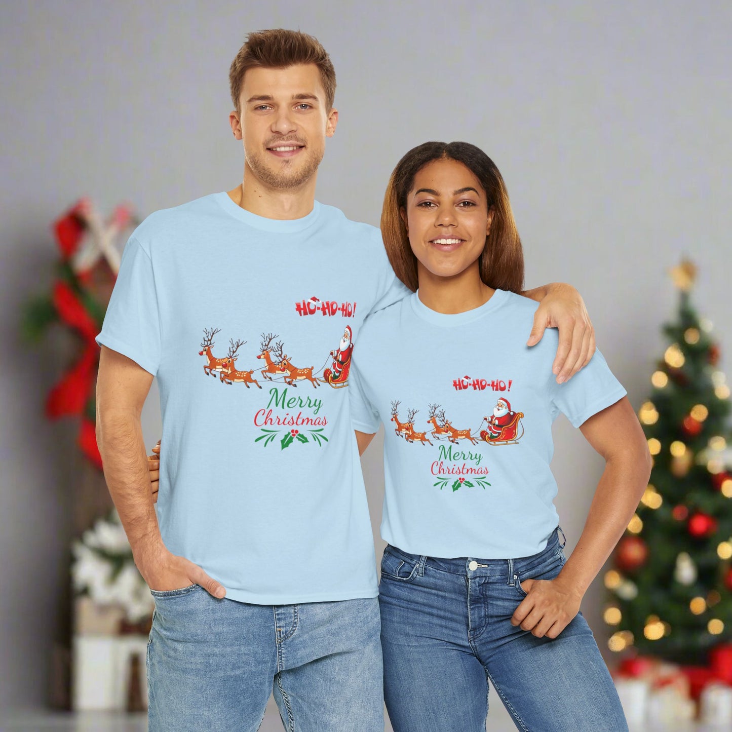 Santa and His Reindeer (Merry Christmas) Unisex Heavy Cotton T-Shirt