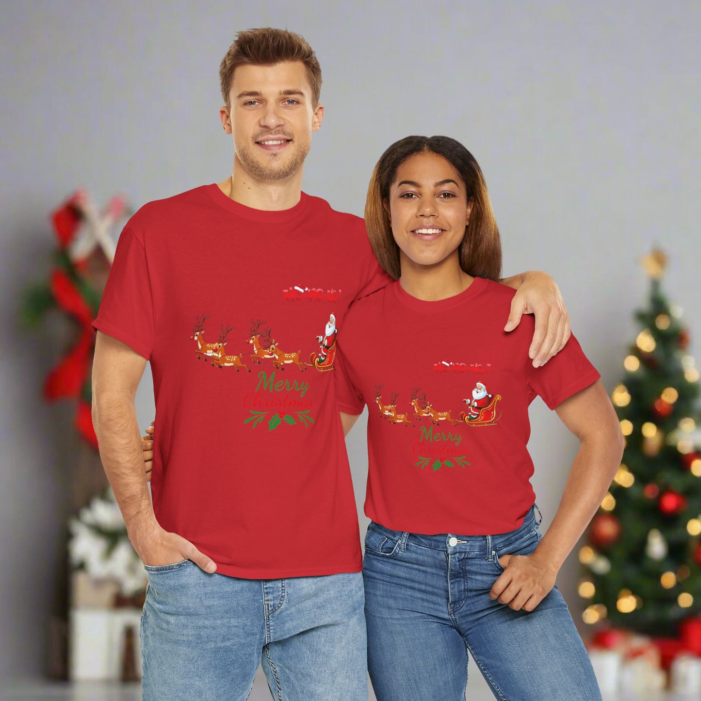 Santa and His Reindeer (Merry Christmas) Unisex Heavy Cotton T-Shirt