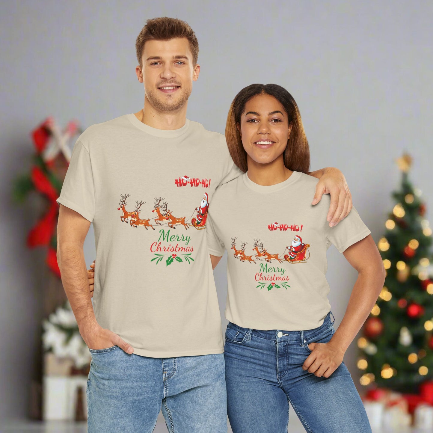 Santa and His Reindeer (Merry Christmas) Unisex Heavy Cotton T-Shirt