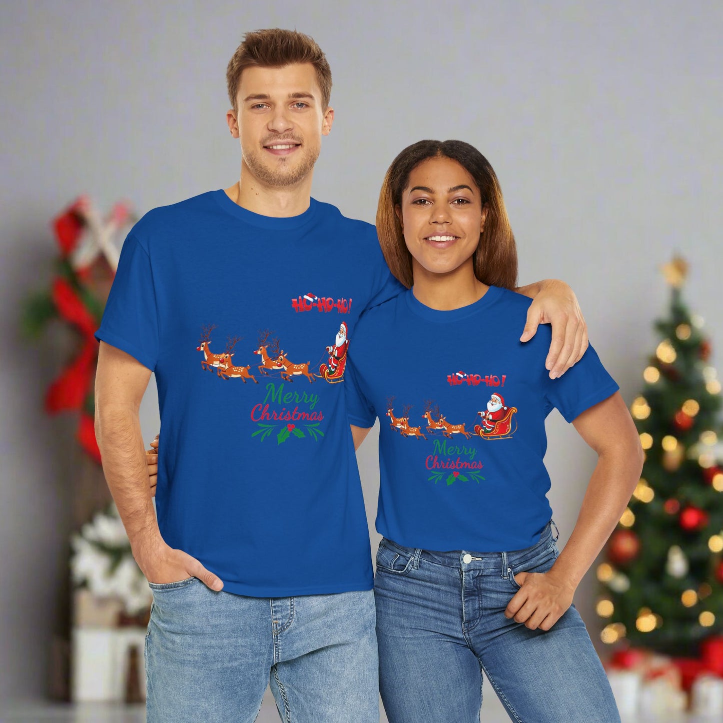Santa and His Reindeer (Merry Christmas) Unisex Heavy Cotton T-Shirt