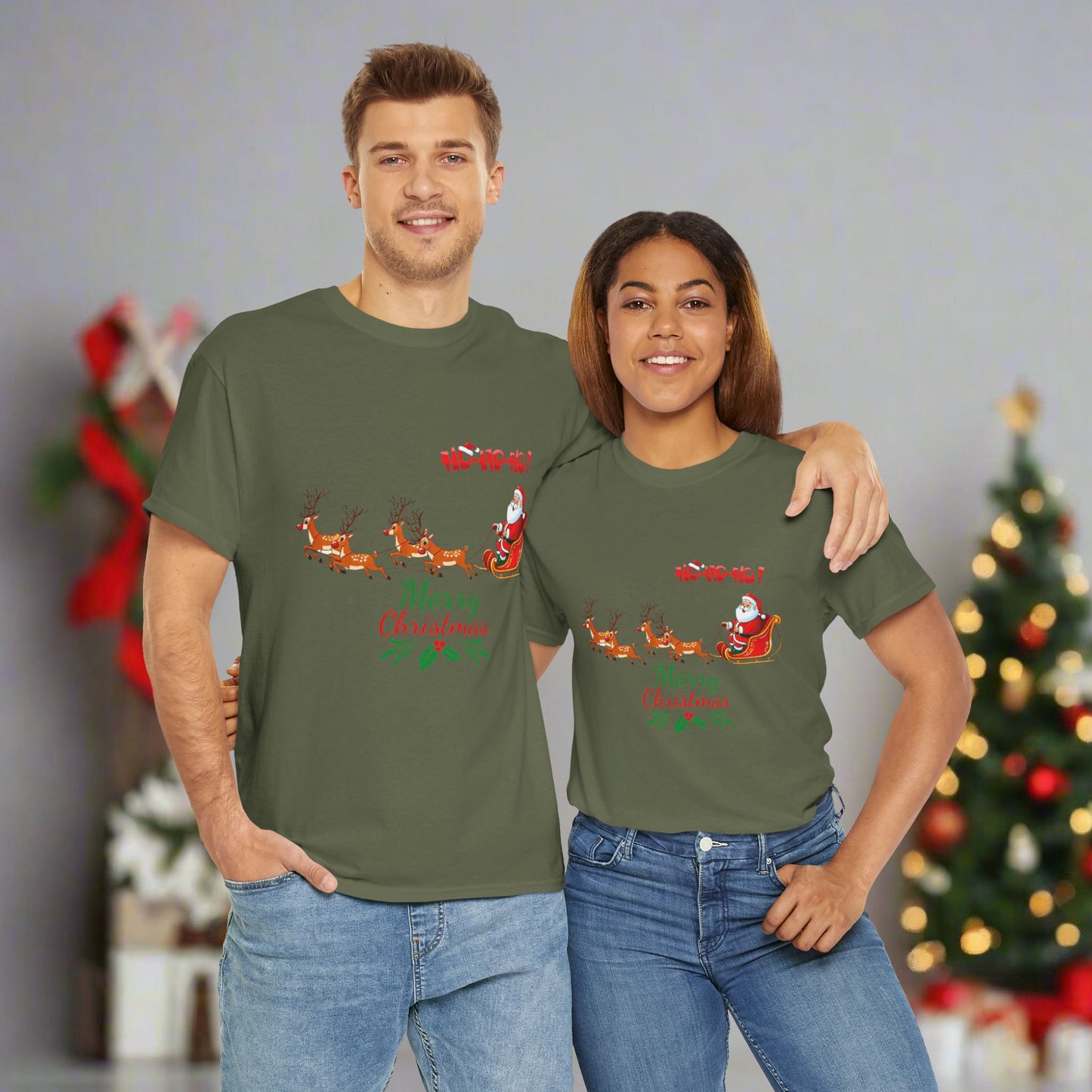 Santa and His Reindeer (Merry Christmas) Unisex Heavy Cotton T-Shirt