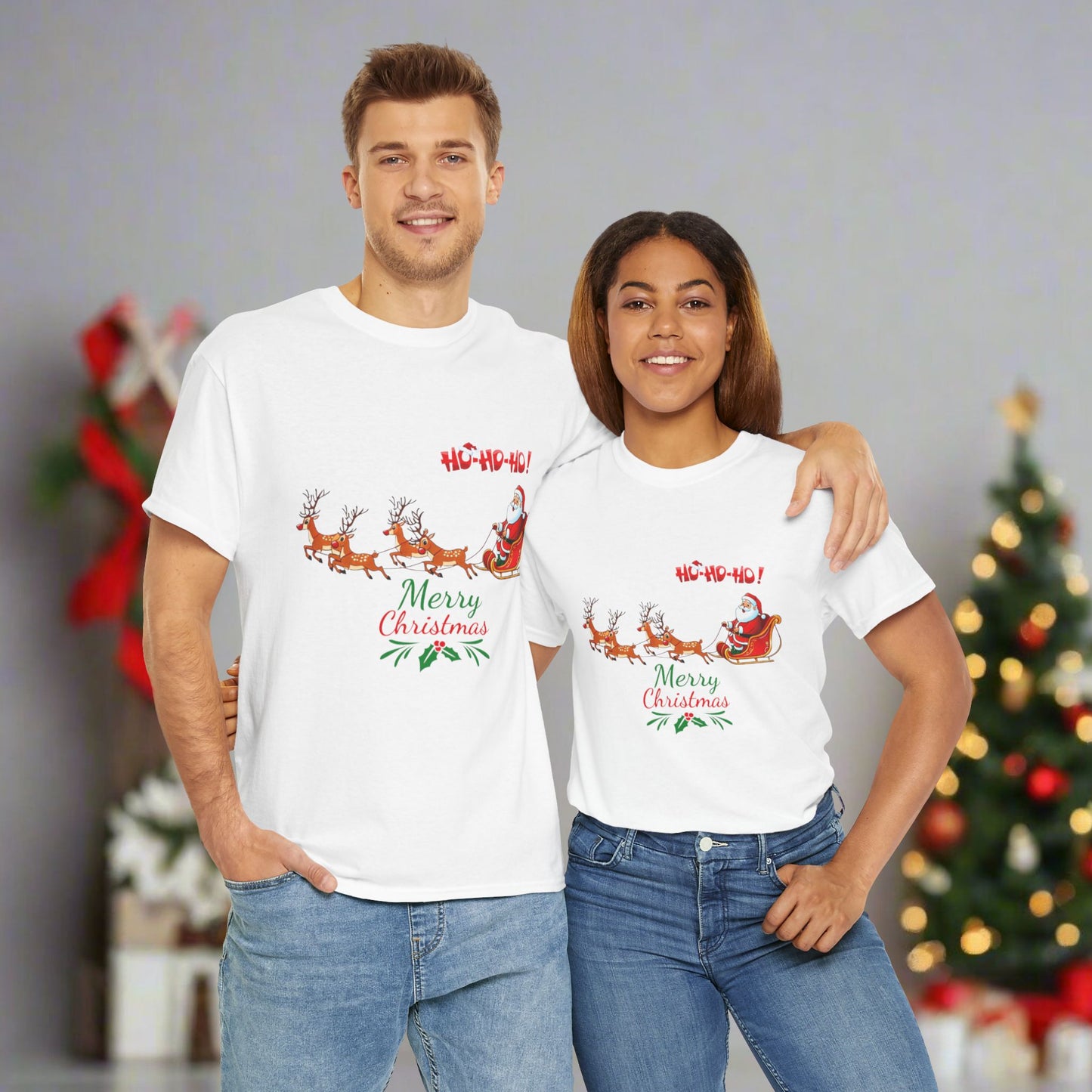 Santa and His Reindeer (Merry Christmas) Unisex Heavy Cotton T-Shirt