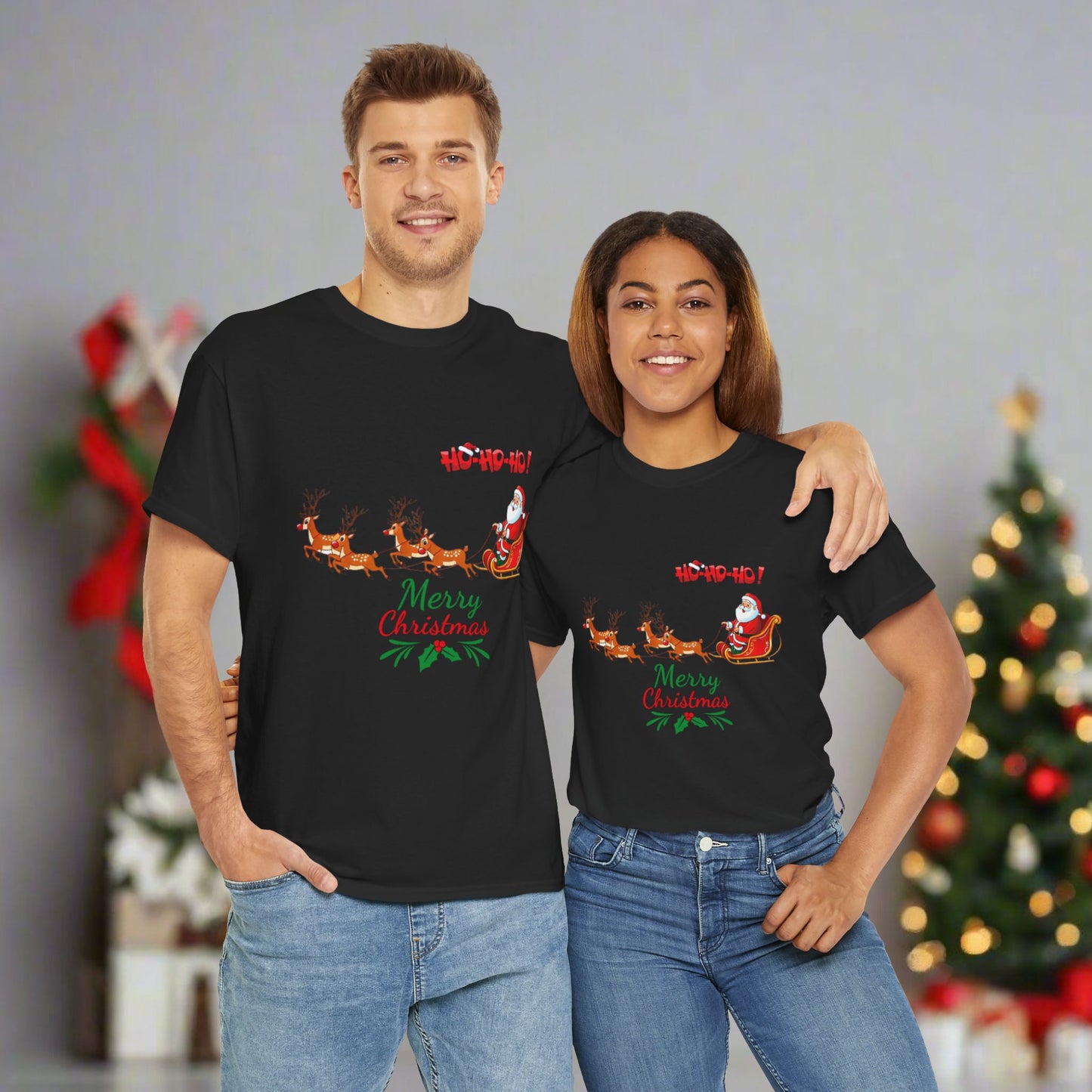 Santa and His Reindeer (Merry Christmas) Unisex Heavy Cotton T-Shirt