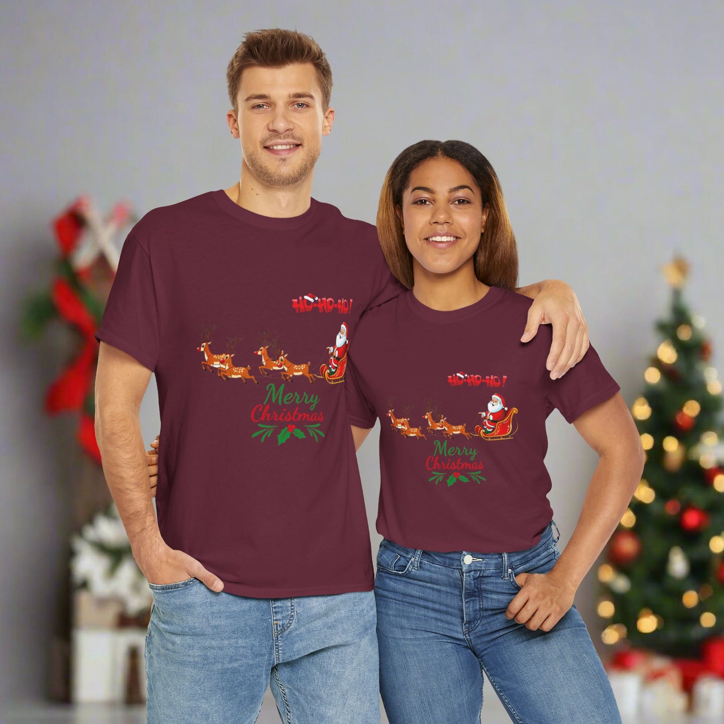 Santa and His Reindeer (Merry Christmas) Unisex Heavy Cotton T-Shirt