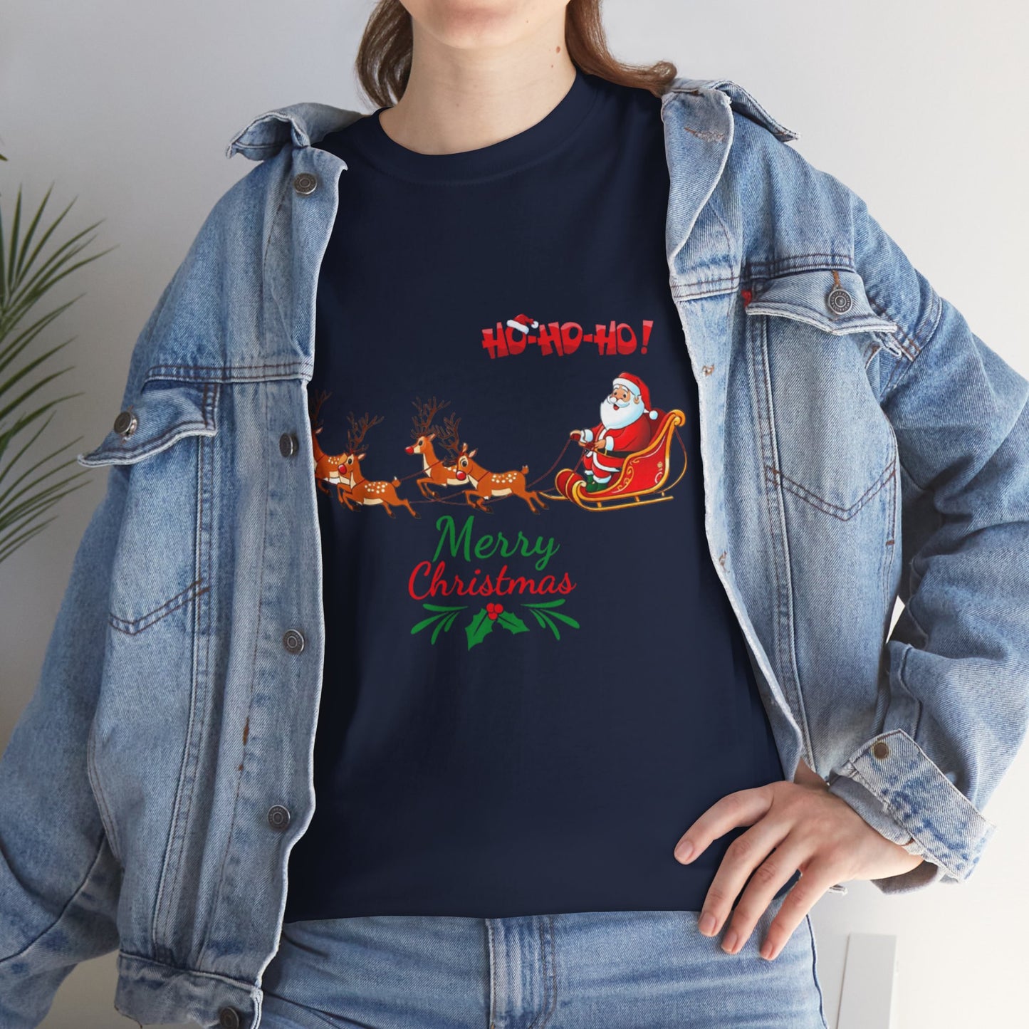 Santa and His Reindeer (Merry Christmas) Unisex Heavy Cotton T-Shirt