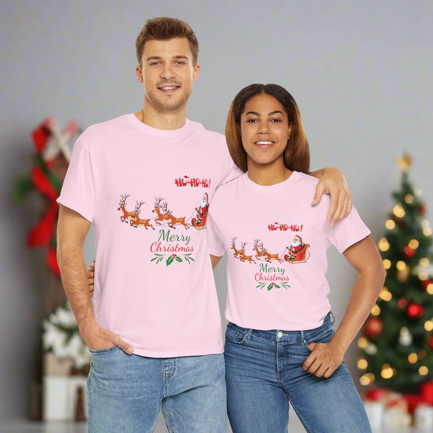Santa and His Reindeer (Merry Christmas) Unisex Heavy Cotton T-Shirt