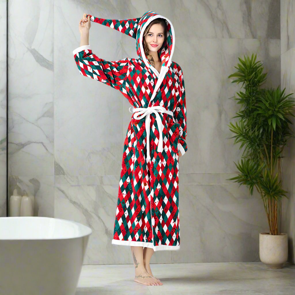 OMNI™ Women's Checkered Christmas Themed Fleece Hooded Bathrobe