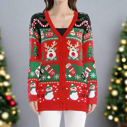 OMNI™ Women's Loose Knitted Reindeer Christmas Cardigan