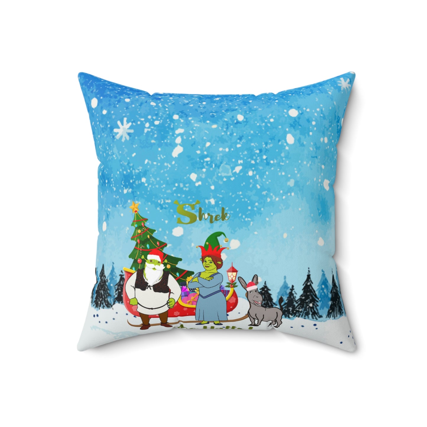 OMNI™ Shrek The Halls! (Shrek Trio: Shrek, Fiona and Donkey) Christmas Themed Spun Polyester Square Pillow