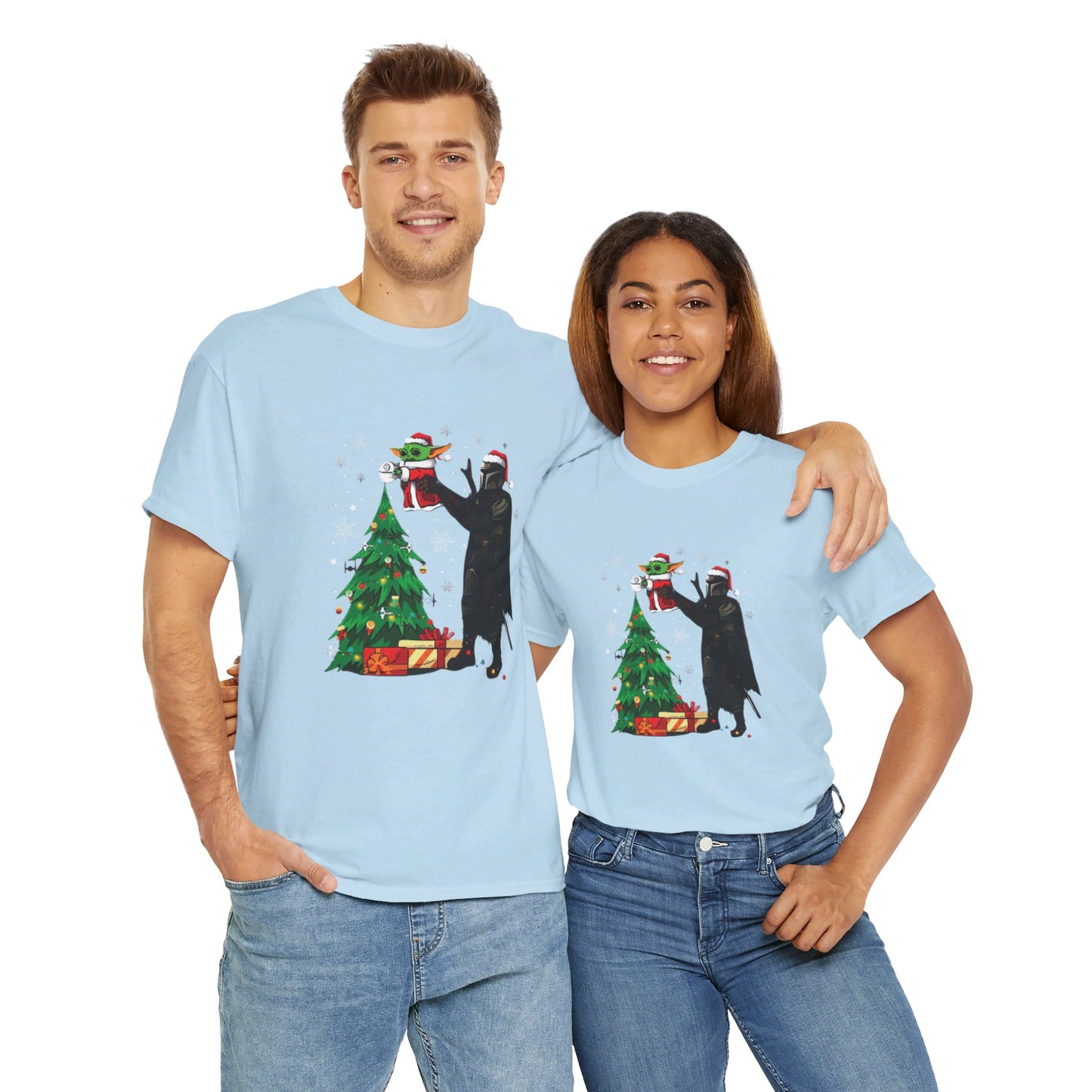 OMNI™ Star Wars Mandalorian and Baby Yoda Christmas Themed Unisex Heavy Cotton T-Shirt