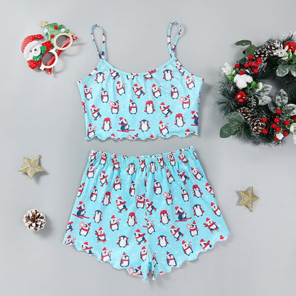 OMNI™ Women's Christmas Two-piece Silky Sleeveless Spaghetti Strap and Shorts Set