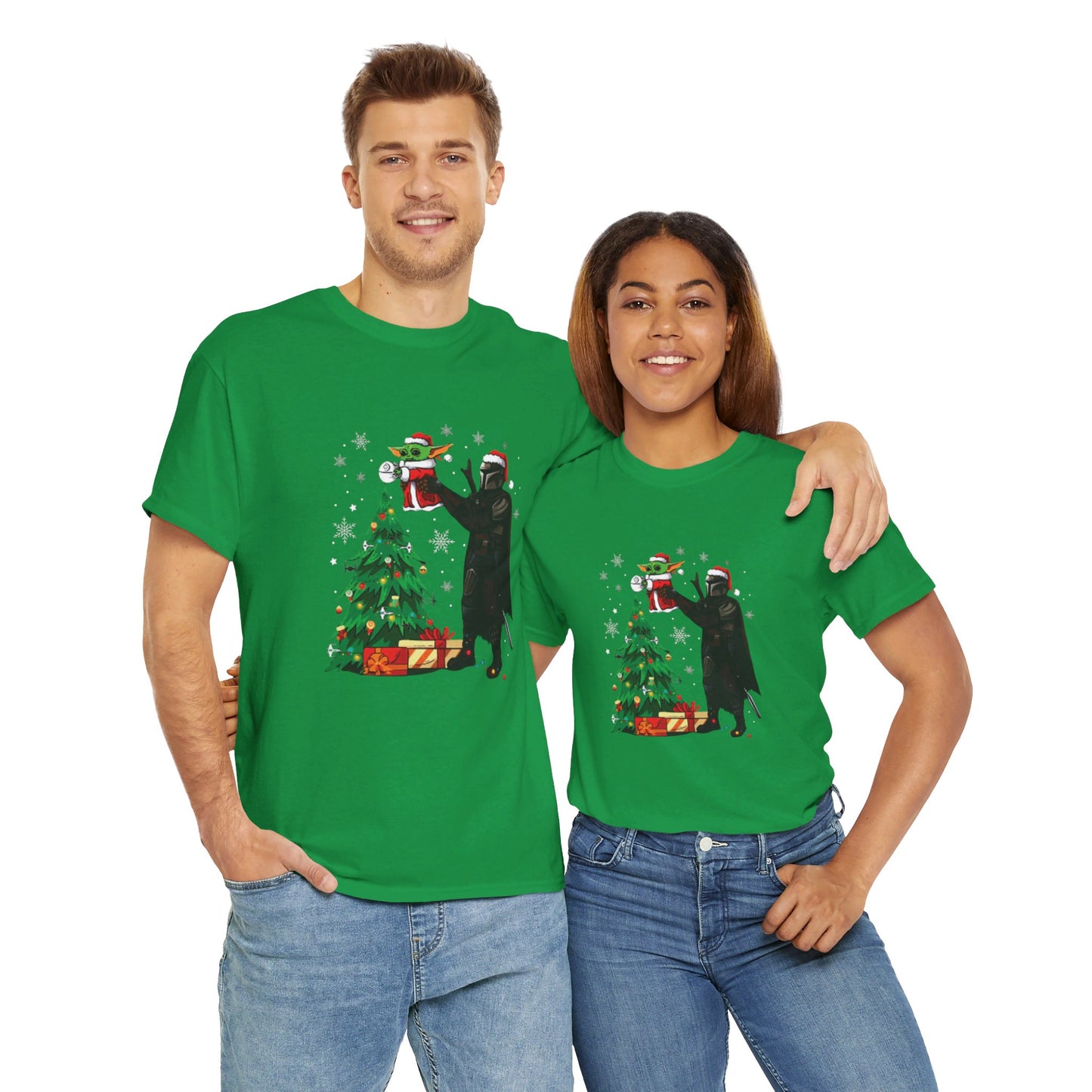 OMNI™ Star Wars Mandalorian and Baby Yoda Christmas Themed Unisex Heavy Cotton T-Shirt