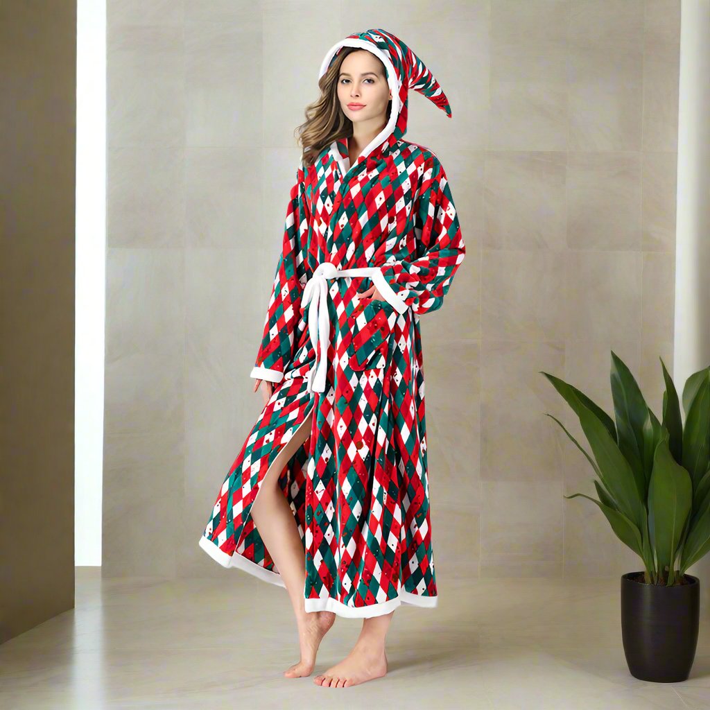 OMNI™ Women's Checkered Christmas Themed Fleece Hooded Bathrobe