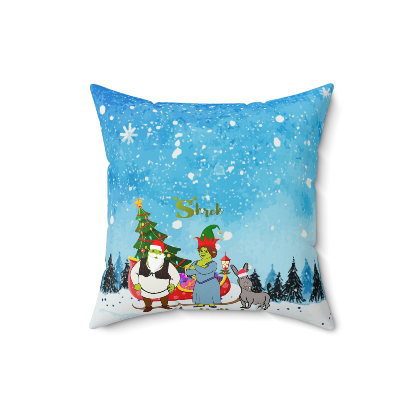 OMNI™ Shrek The Halls! (Shrek Trio: Shrek, Fiona and Donkey) Christmas Themed Spun Polyester Square Pillow