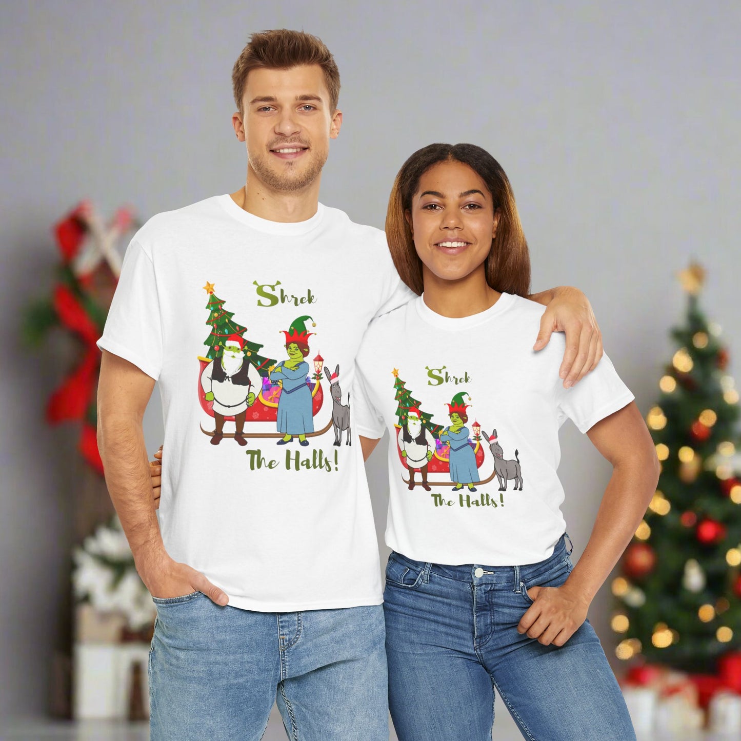 Shrek The Halls! (Shrek Trio: Shrek, Fiona and Donkey) Unisex Heavy Cotton T-Shirt