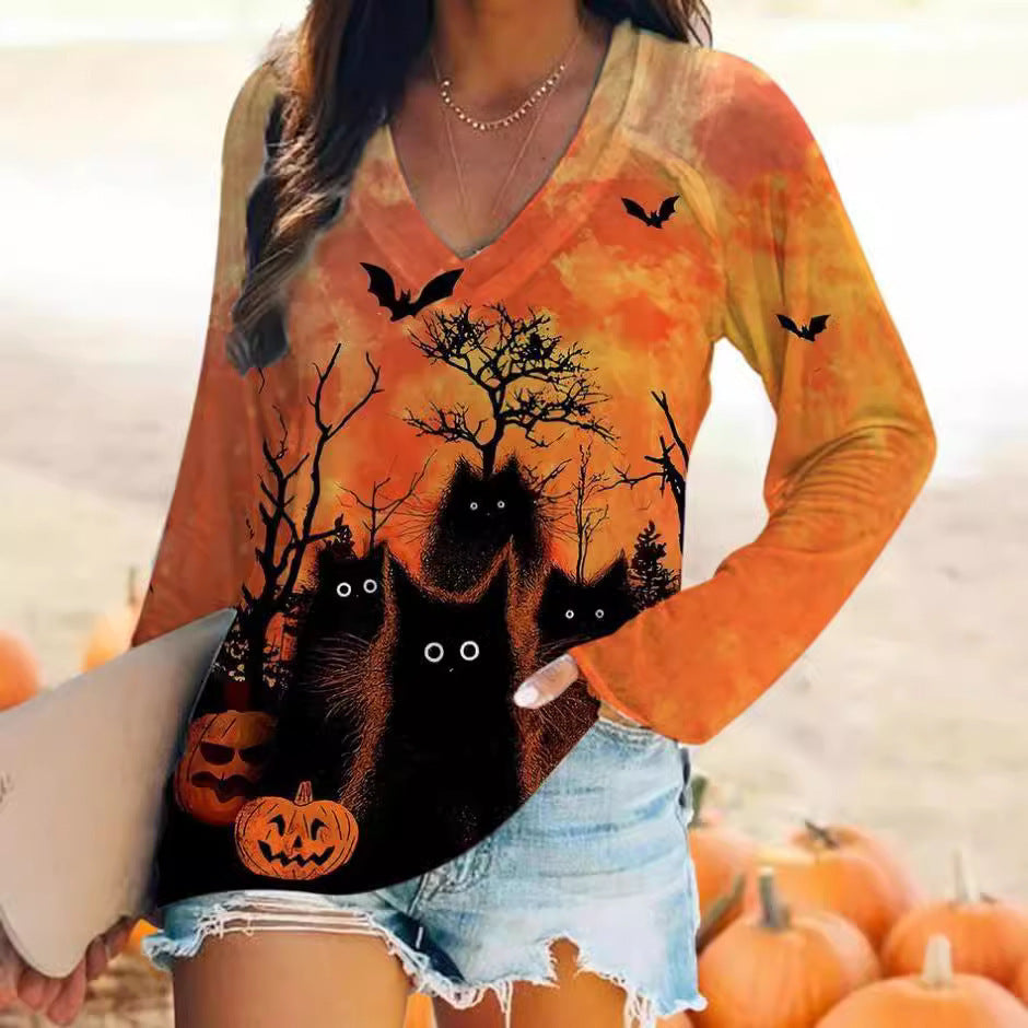 OMNI™ Halloween Black Cat and Pumpkin Themed Long Sleeve T-shirt