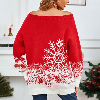 OMNI™ Women's Red and White Snowflake Casual Off-the-shoulder Christmas Sweater