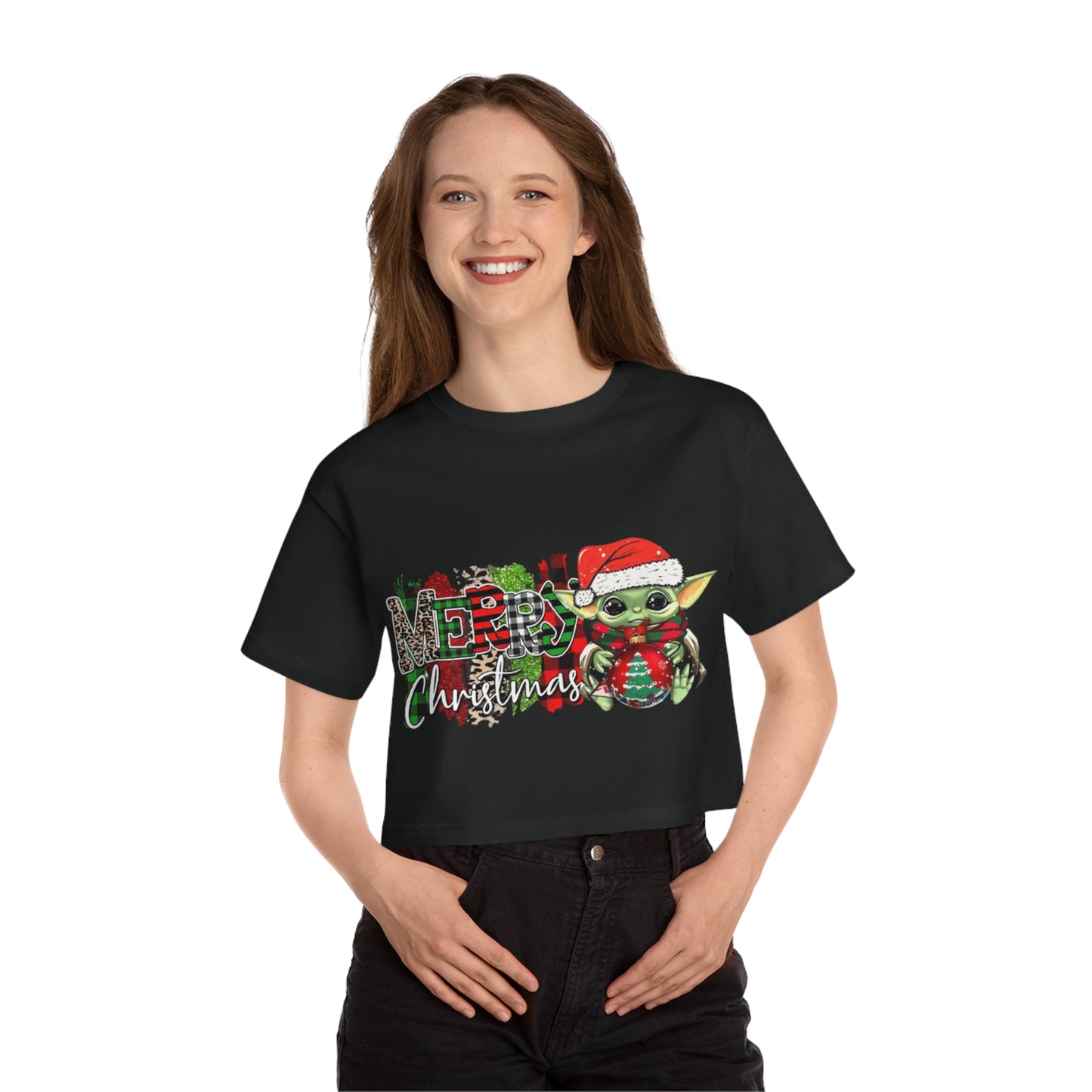 OMNI™ Baby Yoda Christmas Themed Champion Women's Heritage Cropped T-Shirt