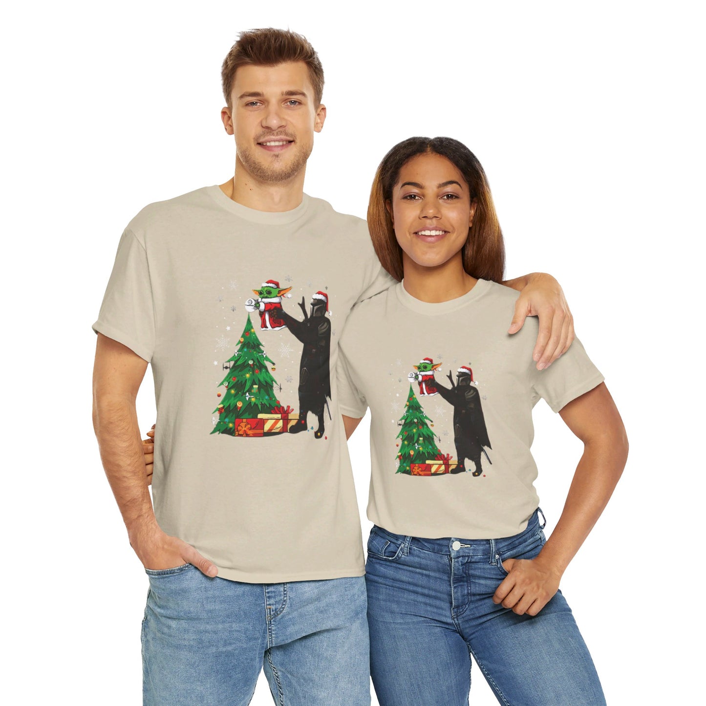 OMNI™ Star Wars Mandalorian and Baby Yoda Christmas Themed Unisex Heavy Cotton T-Shirt