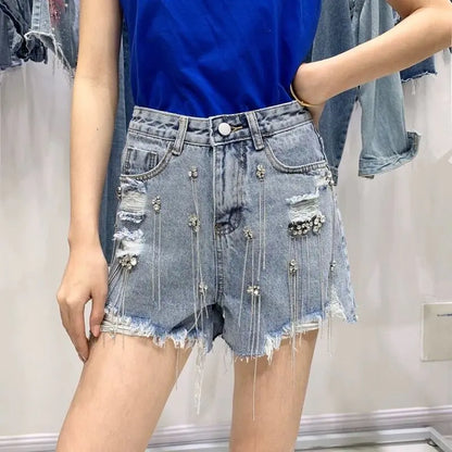 OMNI™ Tassel Rhinestone Denim Shorts