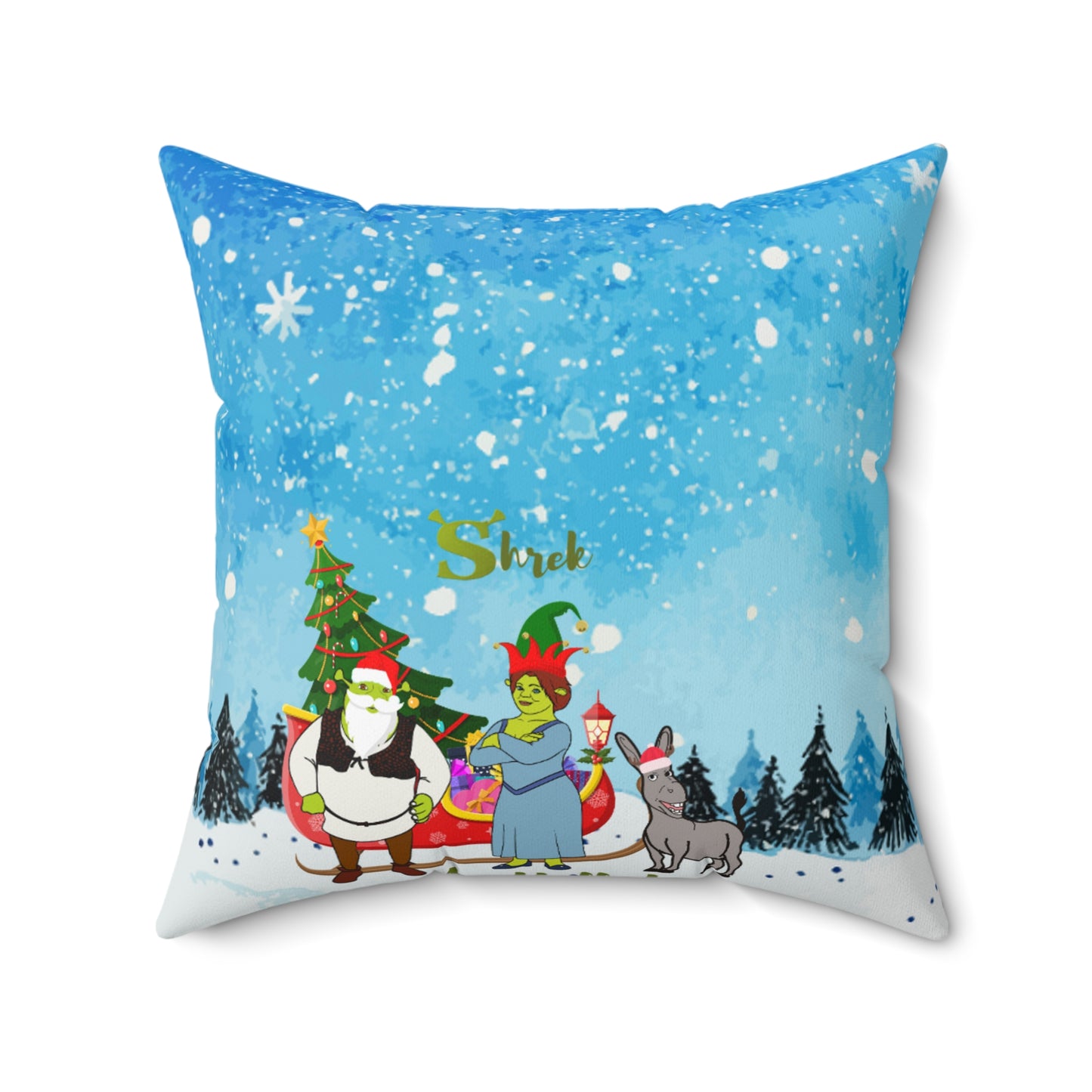 OMNI™ Shrek The Halls! (Shrek Trio: Shrek, Fiona and Donkey) Christmas Themed Spun Polyester Square Pillow