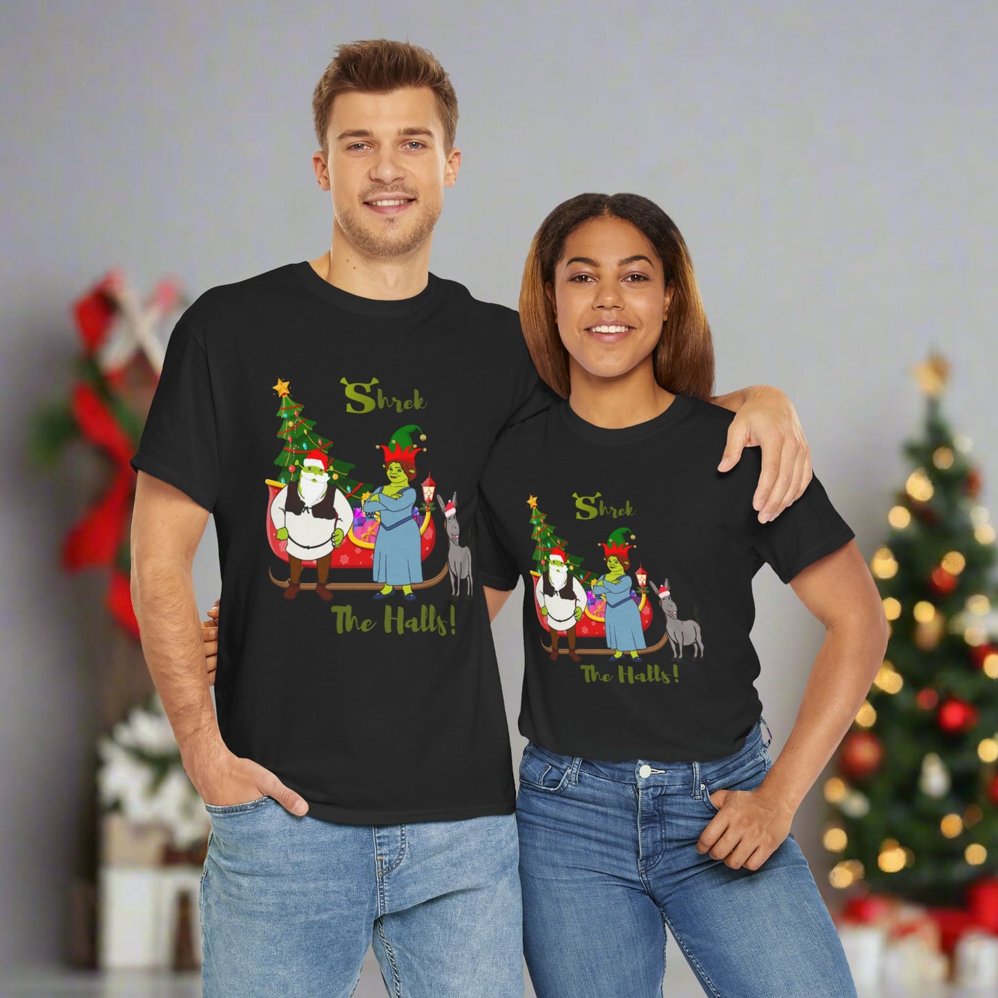 Shrek The Halls! (Shrek Trio: Shrek, Fiona and Donkey) Unisex Heavy Cotton T-Shirt