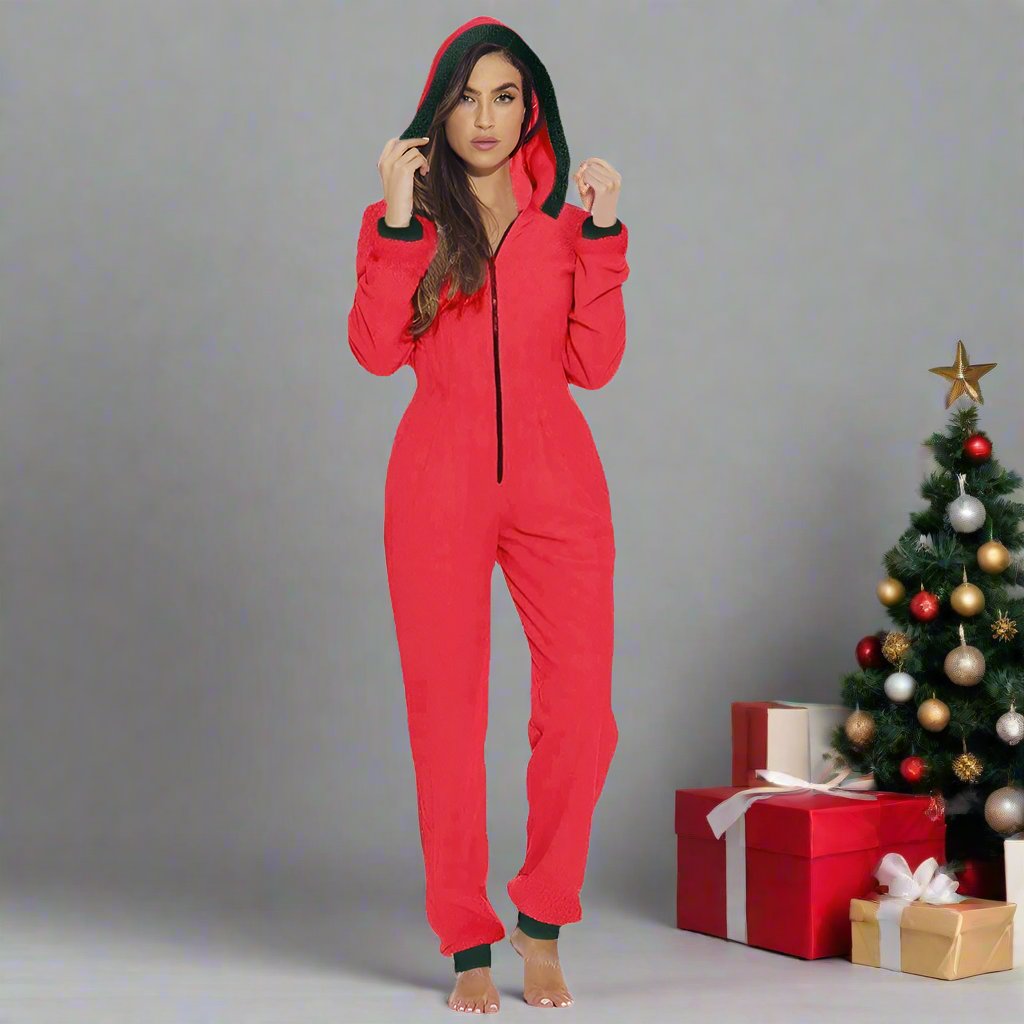 OMNI™ Arctic Velvet Women's Christmas Plush Zipper Hooded Jumpsuit