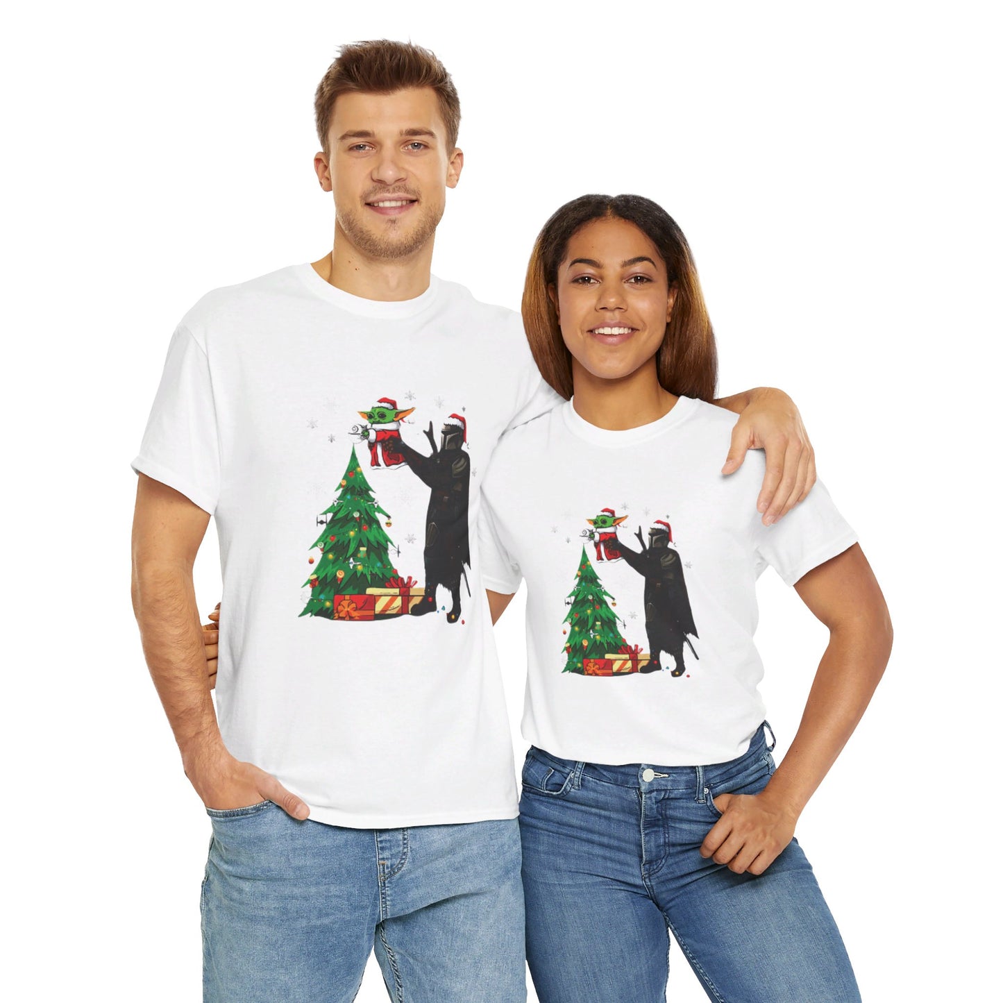 OMNI™ Star Wars Mandalorian and Baby Yoda Christmas Themed Unisex Heavy Cotton T-Shirt