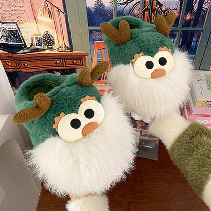 OMNI™ 3D Plush Unisex Green Reindeer Slippers