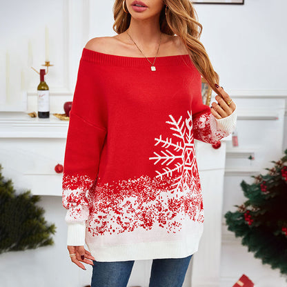 OMNI™ Women's Red and White Snowflake Casual Off-the-shoulder Christmas Sweater