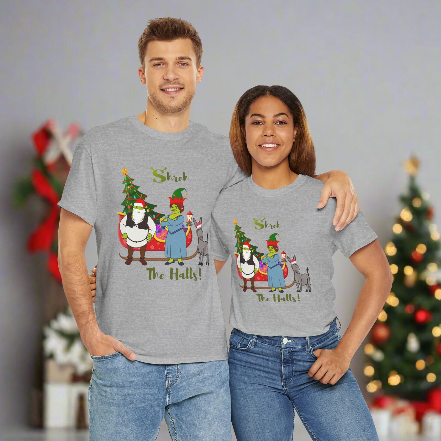 Shrek The Halls! (Shrek Trio: Shrek, Fiona and Donkey) Unisex Heavy Cotton T-Shirt