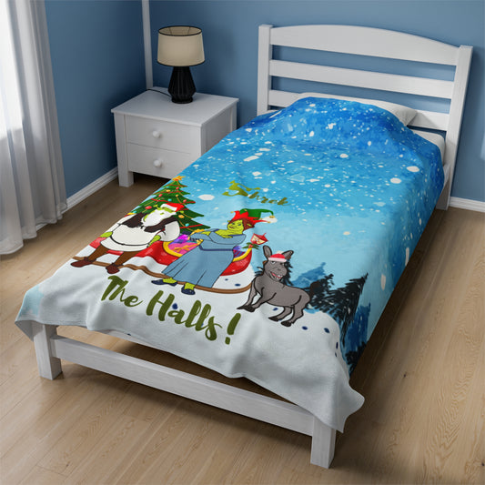 OMNI™ Shrek The Halls! (Shrek Trio: Shrek, Fiona and Donkey) Christmas Themed Velveteen Plush Blanket