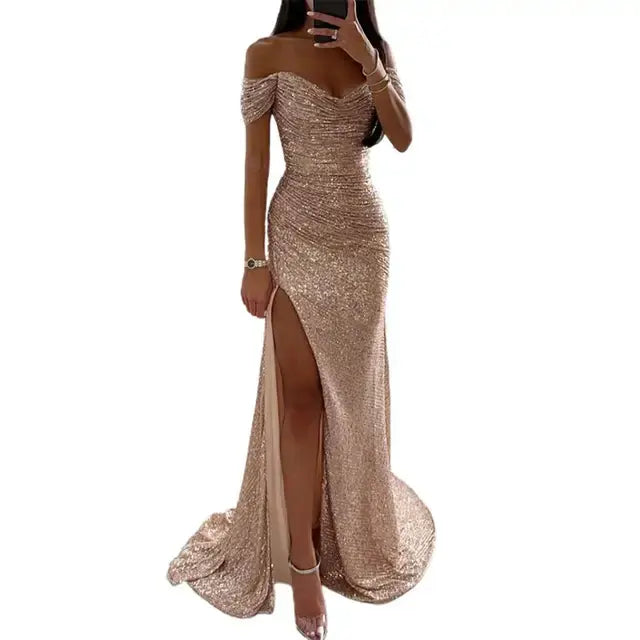 OMNI™ Off-Shoulder V-Neck Sequined Elegant Dress