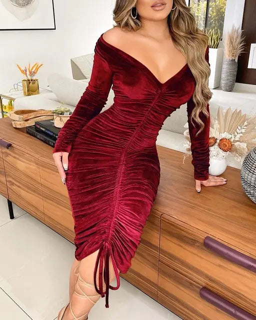 OMNI™ Velvet Drawstring Off Shoulder Midi Dress