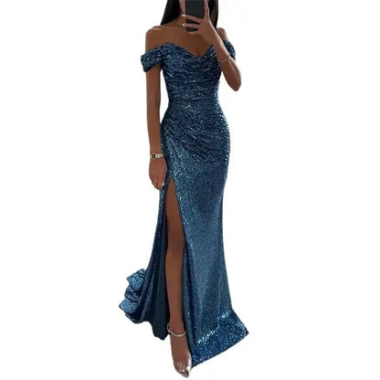 OMNI™ Off-Shoulder V-Neck Sequined Elegant Dress