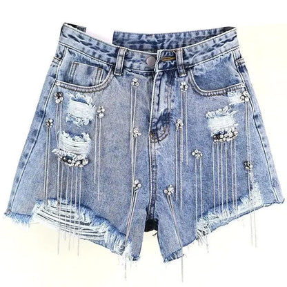 OMNI™ Tassel Rhinestone Denim Shorts