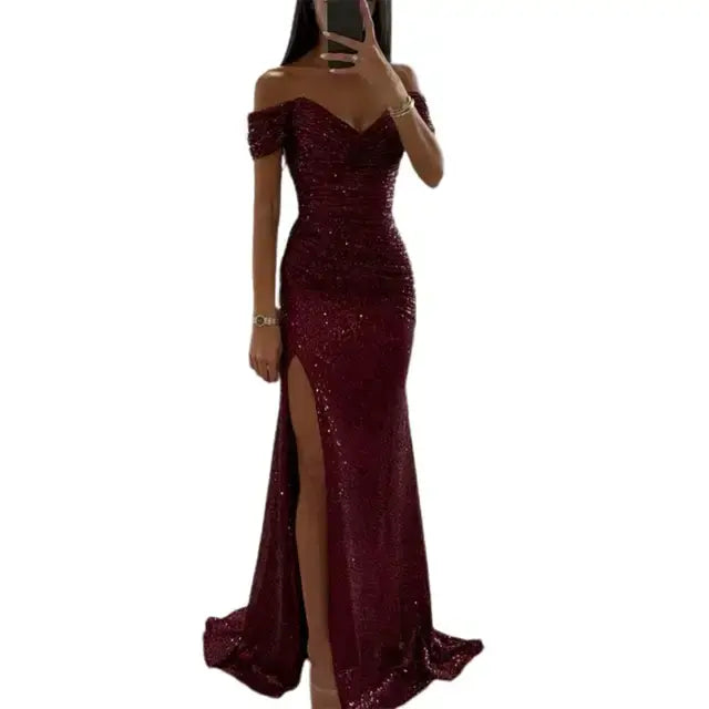 OMNI™ Off-Shoulder V-Neck Sequined Elegant Dress