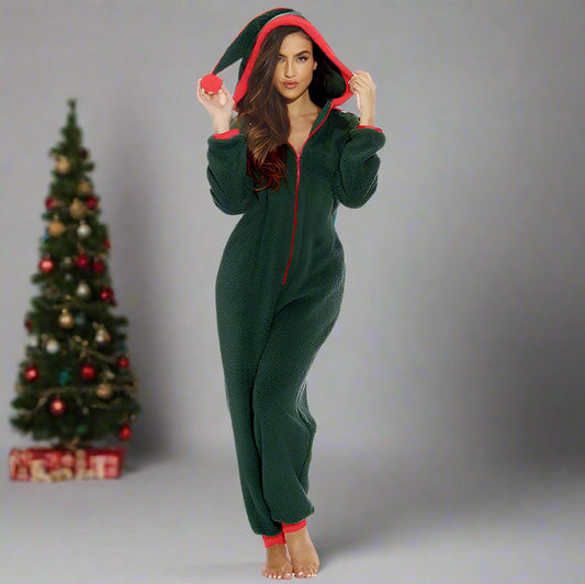 OMNI™ Arctic Velvet Women's Christmas Plush Zipper Hooded Jumpsuit