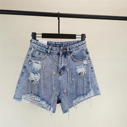 OMNI™ Tassel Rhinestone Denim Shorts