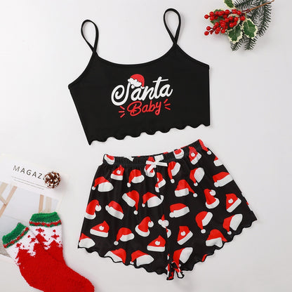 OMNI™ Women's Christmas Two-piece Silky Sleeveless Spaghetti Strap and Shorts Set