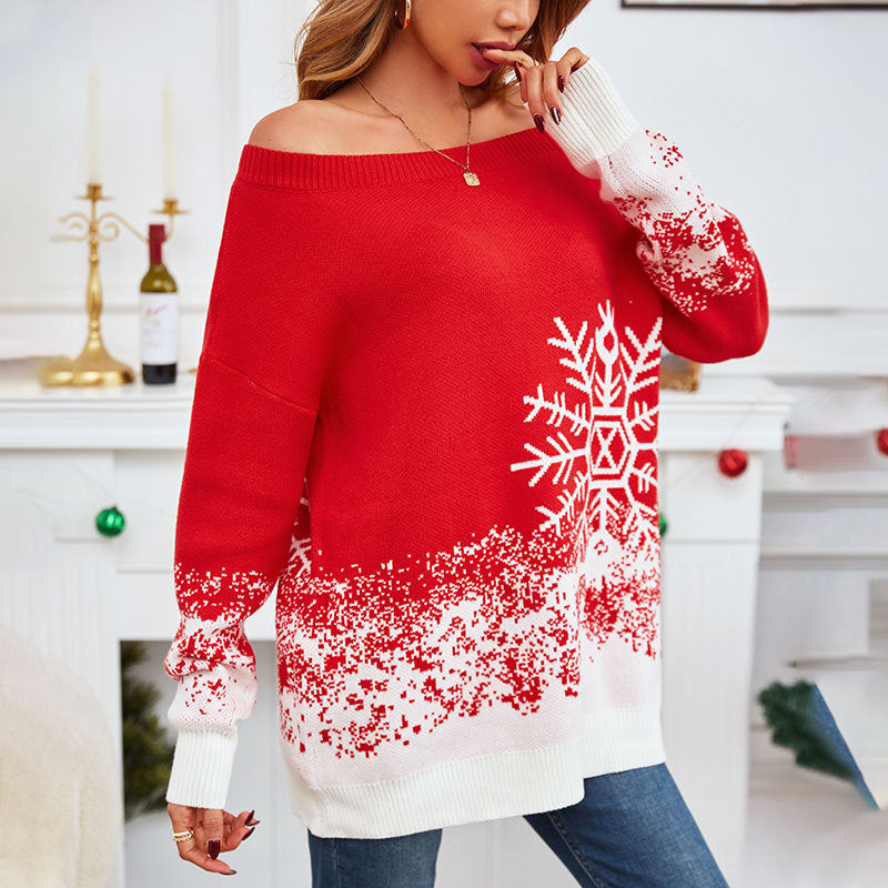 OMNI™ Women's Red and White Snowflake Casual Off-the-shoulder Christmas Sweater