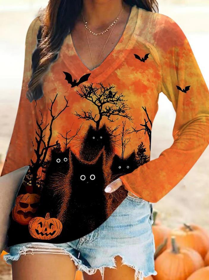 OMNI™ Halloween Black Cat and Pumpkin Themed Long Sleeve T-shirt