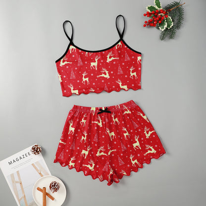 OMNI™ Women's Christmas Two-piece Silky Sleeveless Spaghetti Strap and Shorts Set