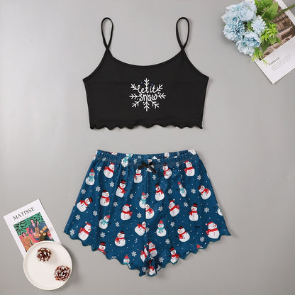 OMNI™ Women's Christmas Two-piece Silky Sleeveless Spaghetti Strap and Shorts Set