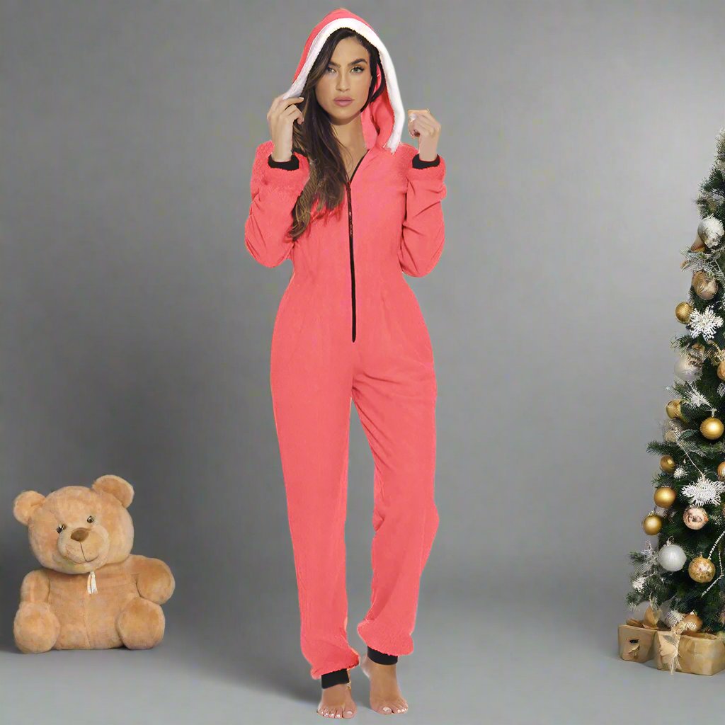 OMNI™ Arctic Velvet Women's Christmas Plush Zipper Hooded Jumpsuit