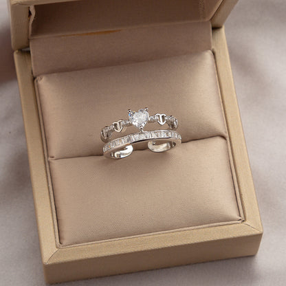 OMNI™ White Gold Plaited Dual Layer Open-end Heart Zircon Ring