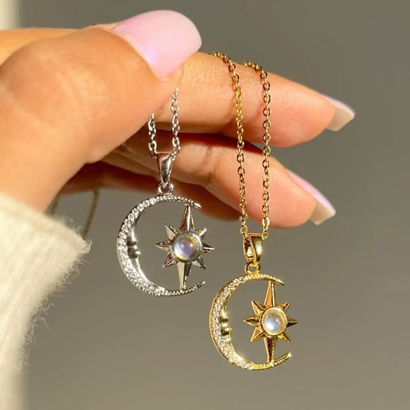 OMNI™ Stainless Steel Crescent Moon and Star Zircon Pendant Necklace