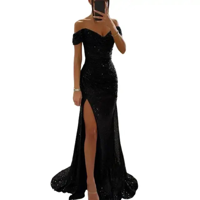 OMNI™ Off-Shoulder V-Neck Sequined Elegant Dress